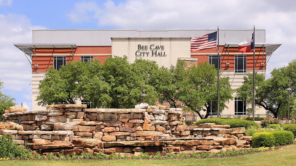 South elevation of city hall in Bee Cave, Texas, United States.