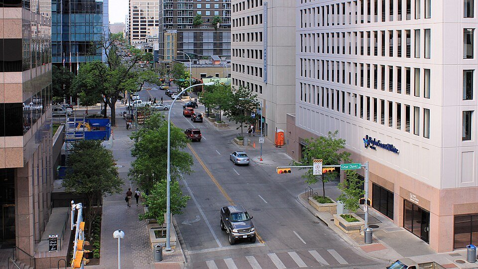 The 100 block of Brazos Street in Austin, Texas, United States looking north.